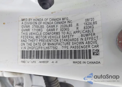 2020 Honda Civic Lx из США, поврежденный, VIN 2HGFC2F61LH577582